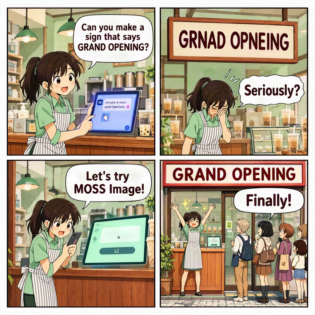 四格漫画。奶茶店老板想要一块"GRAND OPENING"招牌,先拿到的却是"GRNAD OPNEING"。最后一格展示正确招牌与店外排队的人群。